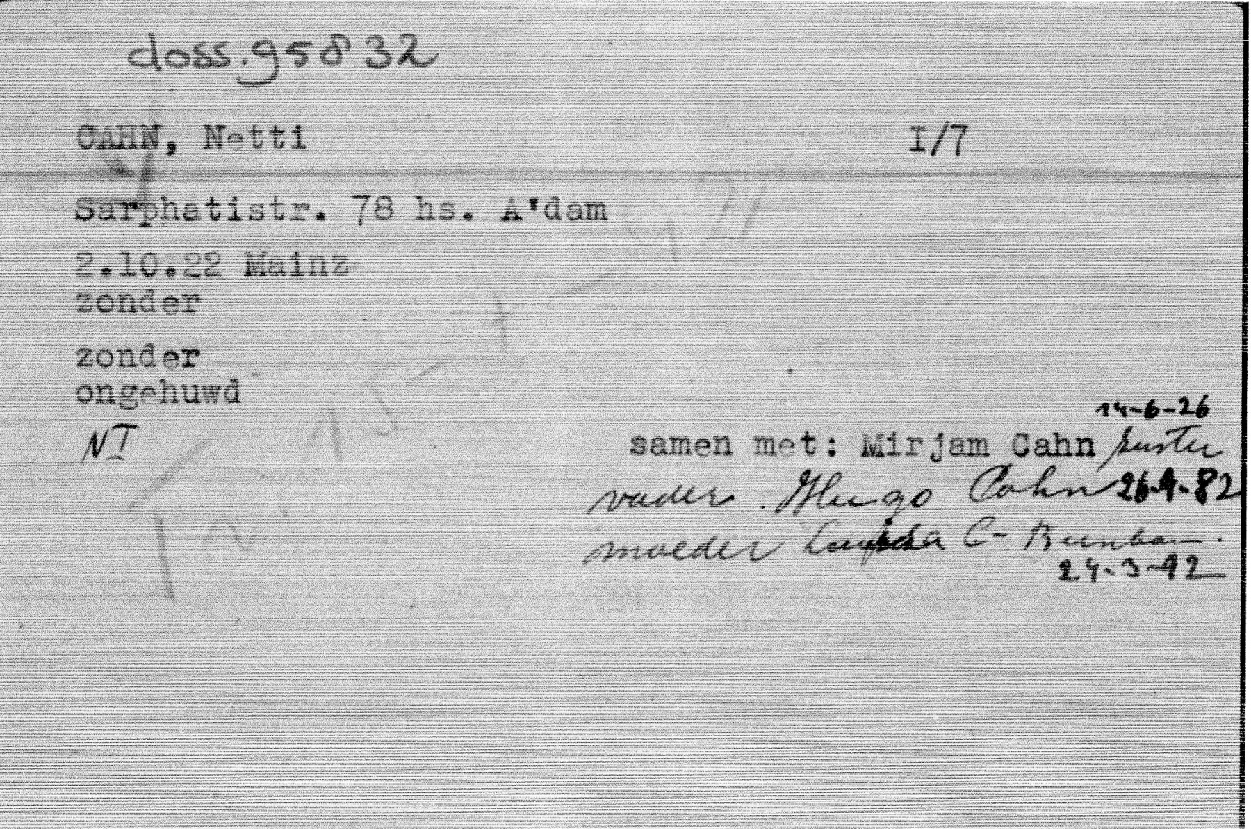 Westerbork-Registrierkarte von Netti Cahn