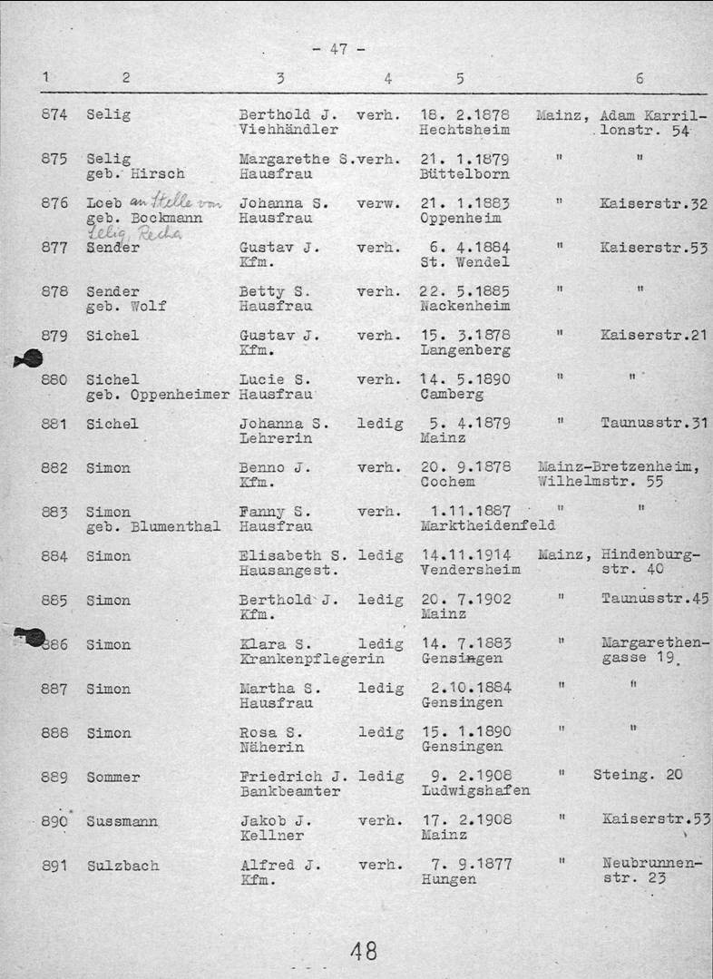 Deportationsliste mit Johanna Sichels Namen